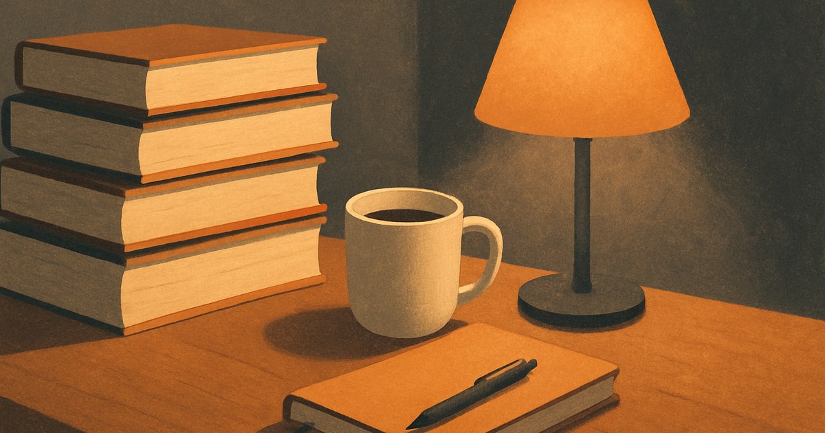 Illustration af en stak bøger i en hyggelig læsekrog med en kop kaffe og en notesbog