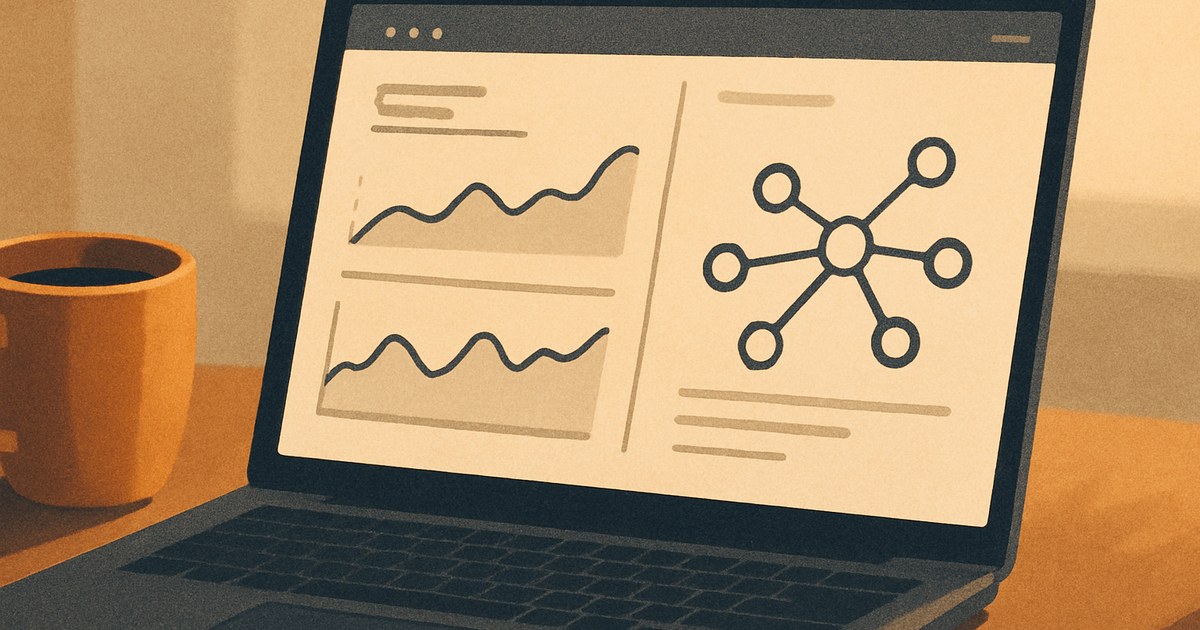 Illustration af en bærbar computer med et SEO-analyseværktøjs dashboard og graf over backlinks