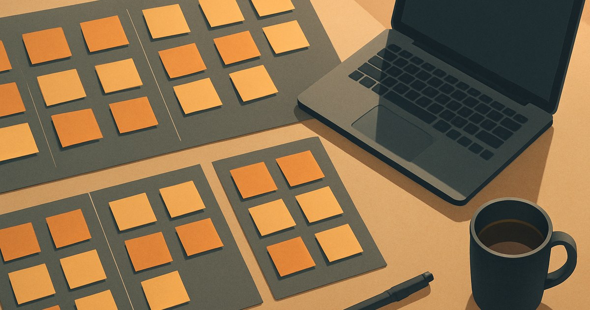 Illustration af flere farvede kanban-tavler med sticky notes set oppefra, som symbol på project management-værktøjer