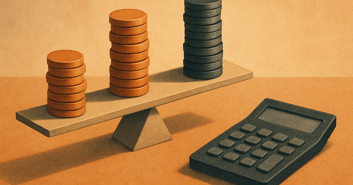 Illustration af tre forskellige mønt-stakke på en vægt, som symbol på at veje omkostninger ved bureau, freelancer og in-house op mod hinanden