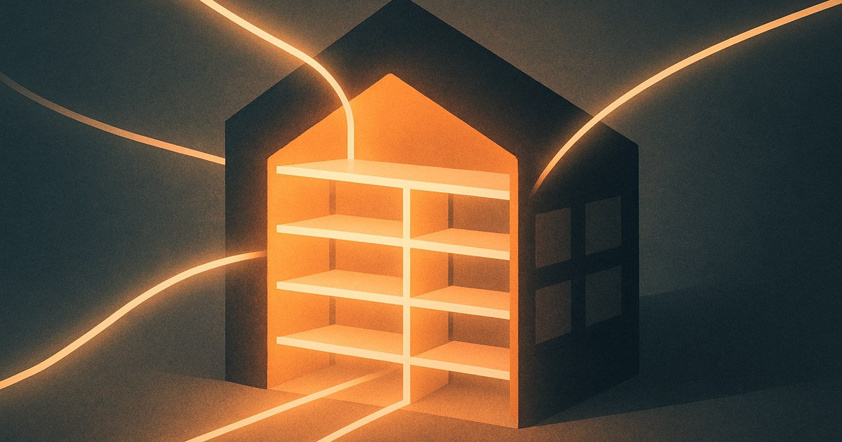 Illustration af en lagerbygning i lys, hvor flere datastrømme flyder sammen, som symbol på et data warehouse