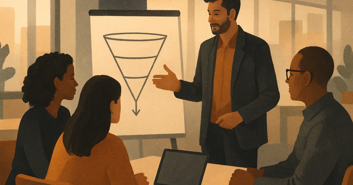 Illustration af et team, der samarbejder omkring en skitse på en whiteboard, som symbol på et digitalt marketingbureau