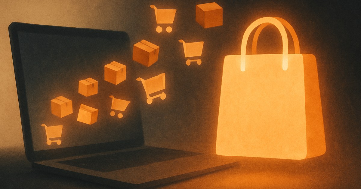 Illustration af en lysende indkøbspose med pakker, der strømmer fra en bærbar computer, som symbol på e-commerce