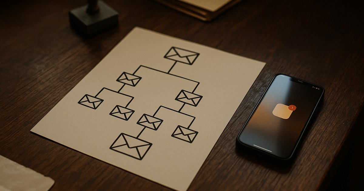 Illustration af automatiserede email-forløb tegnet som forgrenede stier med beskeder undervejs