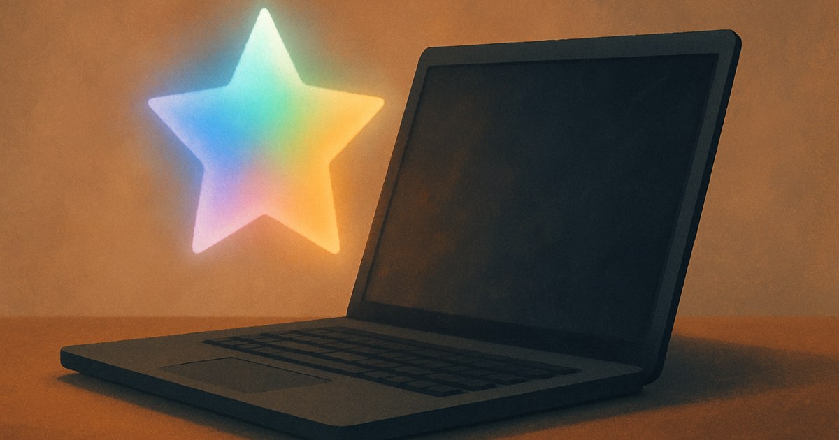 Illustration af en lysende, flerfarvet stjerneform over en bærbar computer, som symbol på Google Gemini