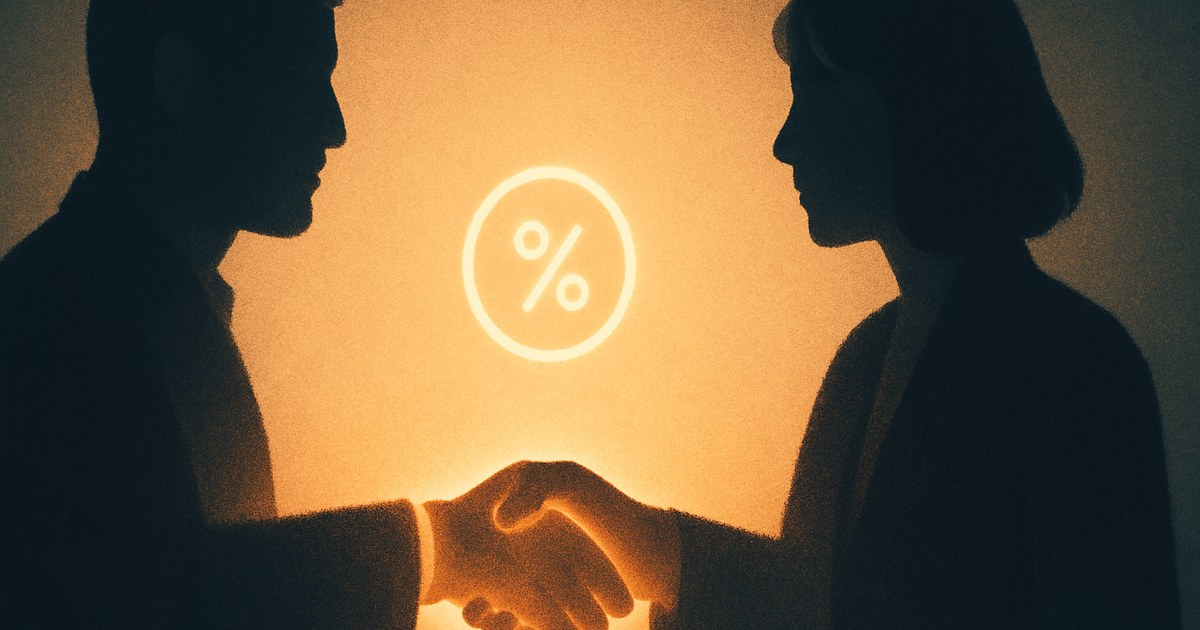 Illustration af et lysende håndtryk mellem to silhuetter, som symbol på affiliate marketing
