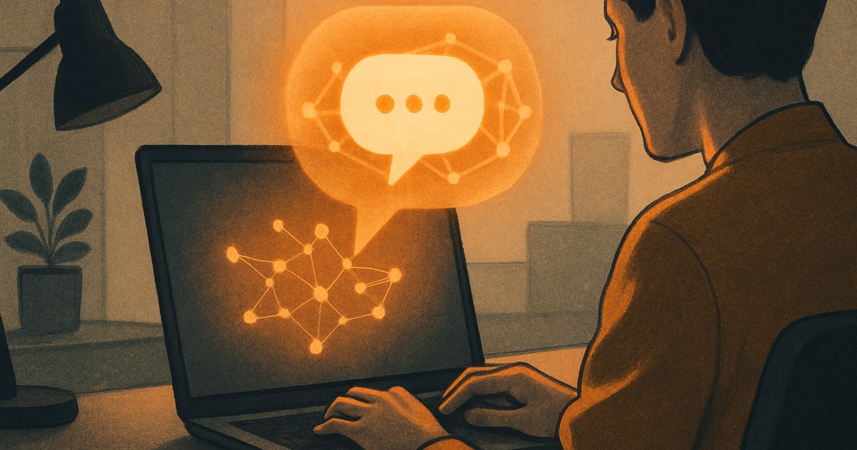 Illustration af en person, der skriver på en bærbar computer med en abstrakt AI-chatboble svævende over skærmen
