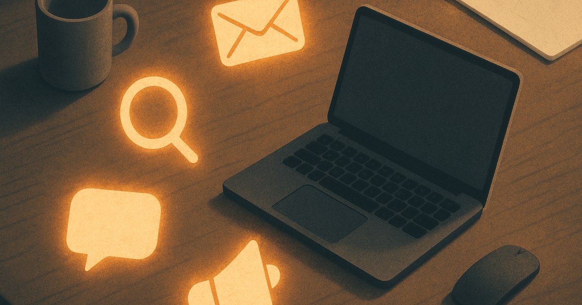 Illustration af flere lysende ikoner for forskellige marketingkanaler arrangeret rundt om en bærbar computer, som symbol på online marketing