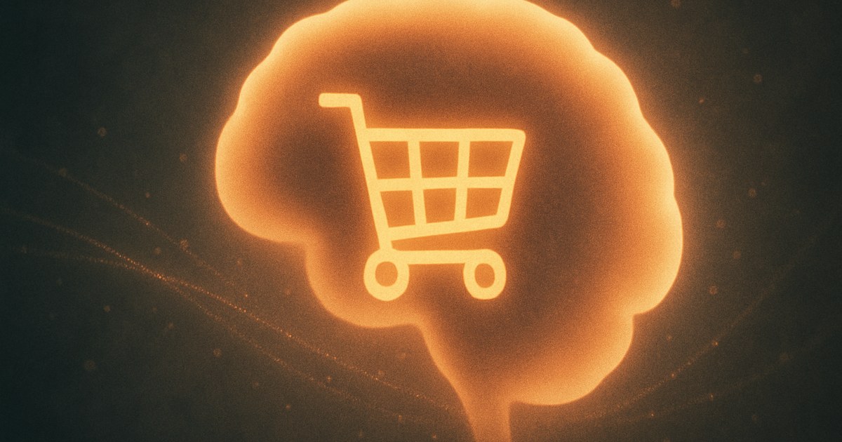 Illustration af en menneskelig hjernesilhuet overlejret med et indkøbskurv-ikon, som symbol på neuromarketing