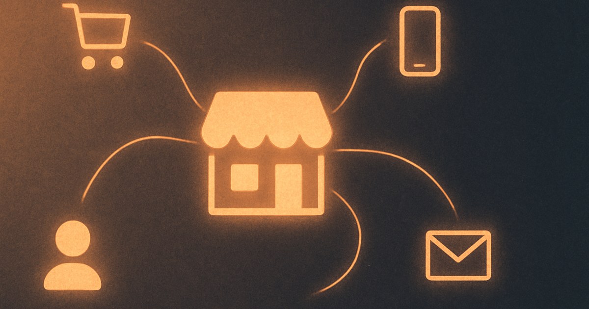 Illustration af en lille lysende butiksfacade med tråde ud til forskellige kanaler, som symbol på omnichannel for små webshops