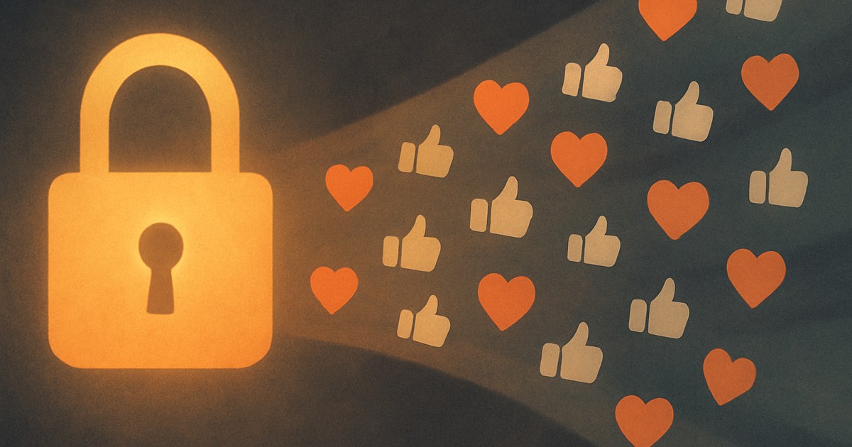 Illustration af en lysende hængelås ved siden af en strøm af hjerte-ikoner, som symbol på paid social efter privatlivsændringer