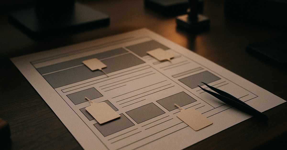 Illustration af en webside med strukturerede datafelter markeret som mærkater langs indholdet