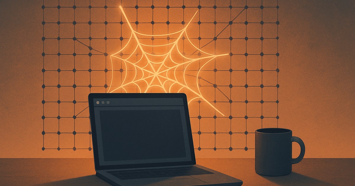Illustration af et lysende crawl-mønster over et gitter af forbundne punkter, som symbol på et teknisk SEO-crawlingværktøj