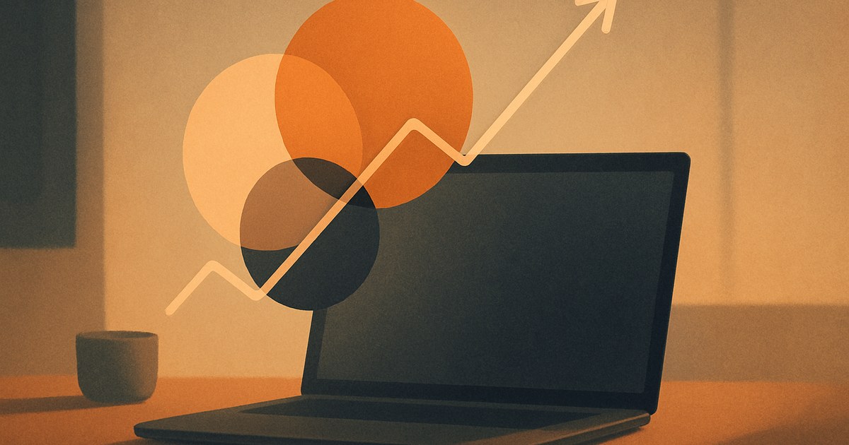 Illustration af overlappende cirkeldiagrammer og en stigende trendlinje, som symbol på et SEO-værktøj til søgeord og synlighed