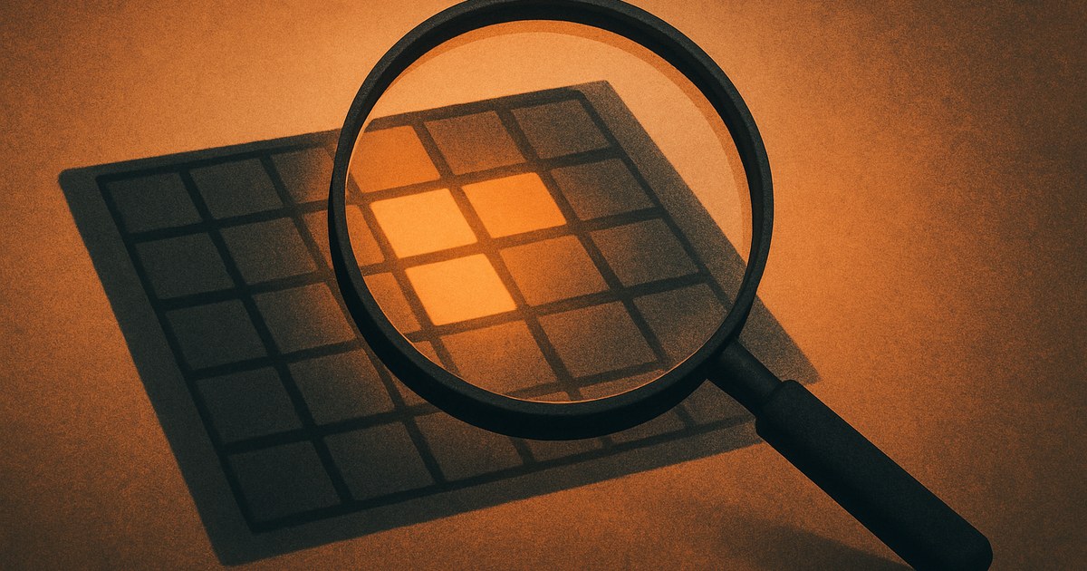 Illustration af et lysende forstørrelsesglas over et gitter, hvor nogle felter lyser op, som symbol på en SEO-audit