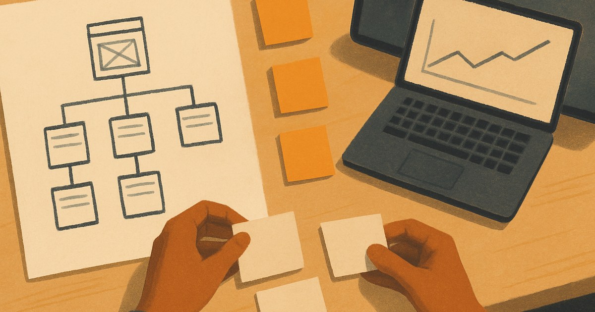 Illustration af en SEO-strategi med et sitemap tegnet på en whiteboard og prioriterede noter