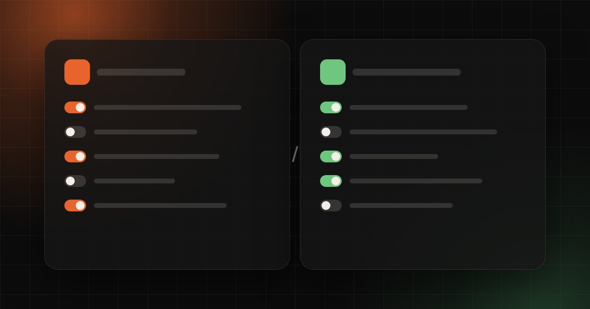 Illustration af to sammenstillede indstillingspaneler for et SEO-plugin i orange og grøn på mørk baggrund