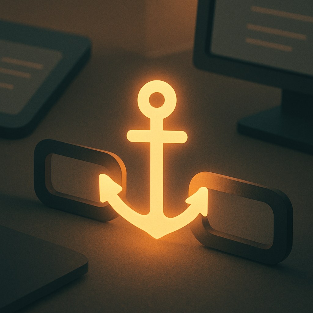 Illustration der symboliserer begrebet "Anchor text": Anchor text er den synlige, klikbare tekst i et link. Teksten giver både brugere og søgemaskiner…