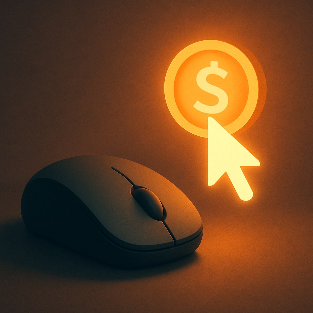 Illustration der symboliserer begrebet "Cost per click": Cost per click, forkortet CPC, er den gennemsnitlige pris et brand betaler, hver gang nogen klikker…