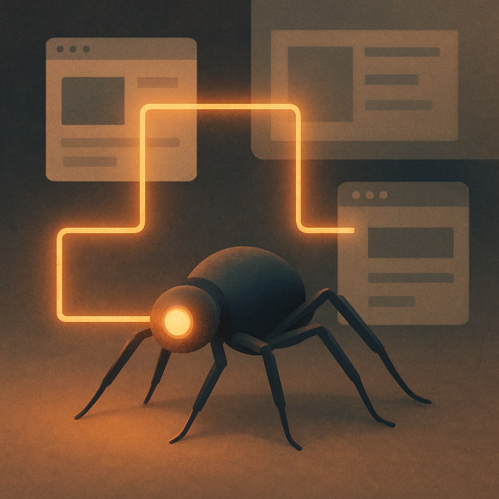 Illustration der symboliserer begrebet "Crawling": Crawling er den proces, hvor søgemaskinernes robotter systematisk gennemgår internettet og følger links for at opdage…