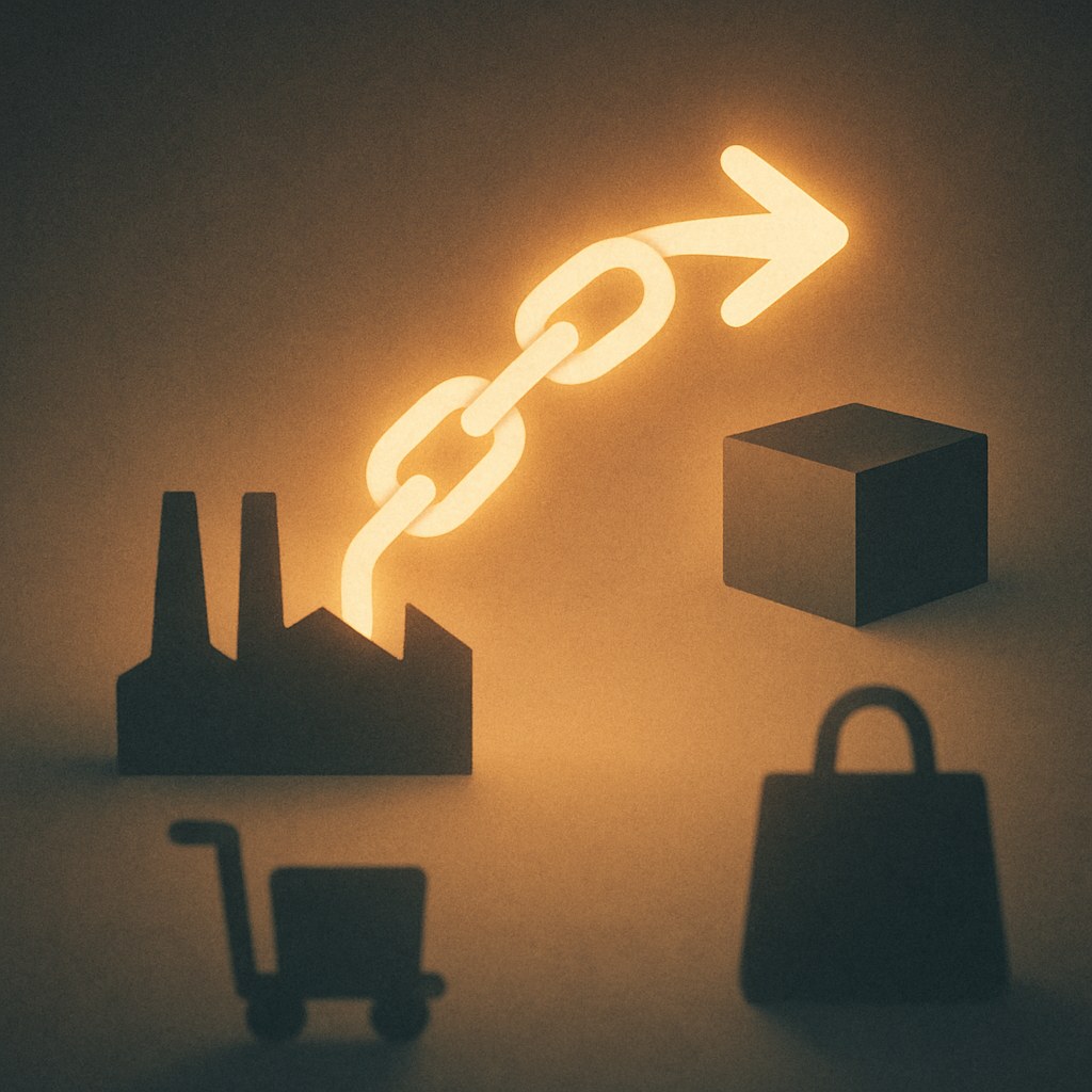 Illustration der symboliserer begrebet "Distributionskæde": En distributionskæde er de led, et produkt passerer igennem fra producent til slutkunde, for eksempel producent,…
