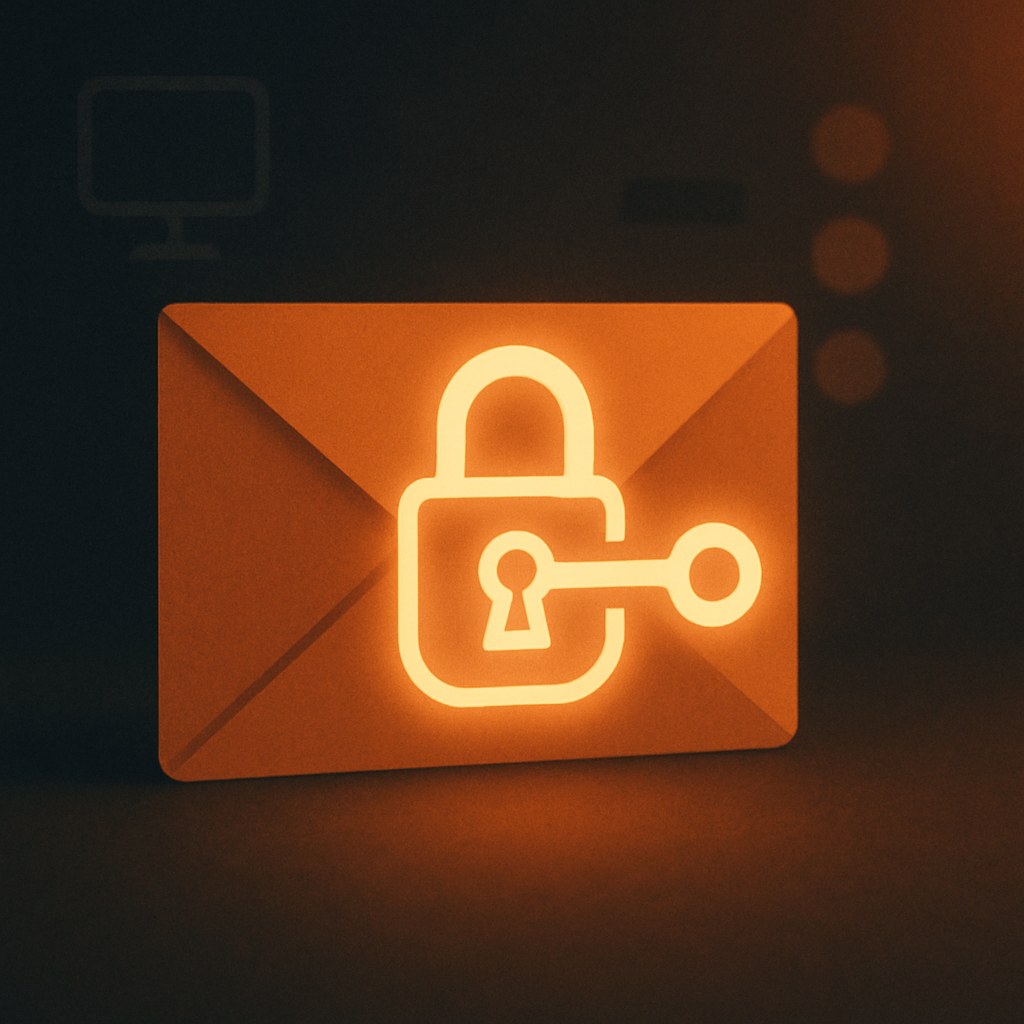 Illustration der symboliserer begrebet "DKIM": DKIM, DomainKeys Identified Mail, tilføjer en kryptografisk signatur til hver mail, som modtageren kan verificere mod…