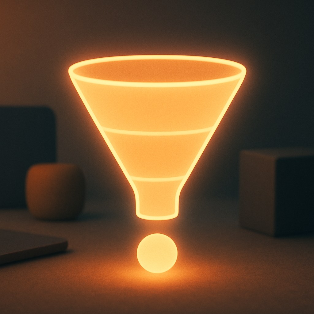 Illustration der symboliserer begrebet "Funnel-analyse": Funnel-analyse er undersøgelsen af, hvordan brugere bevæger sig gennem en defineret række af trin, og hvor…