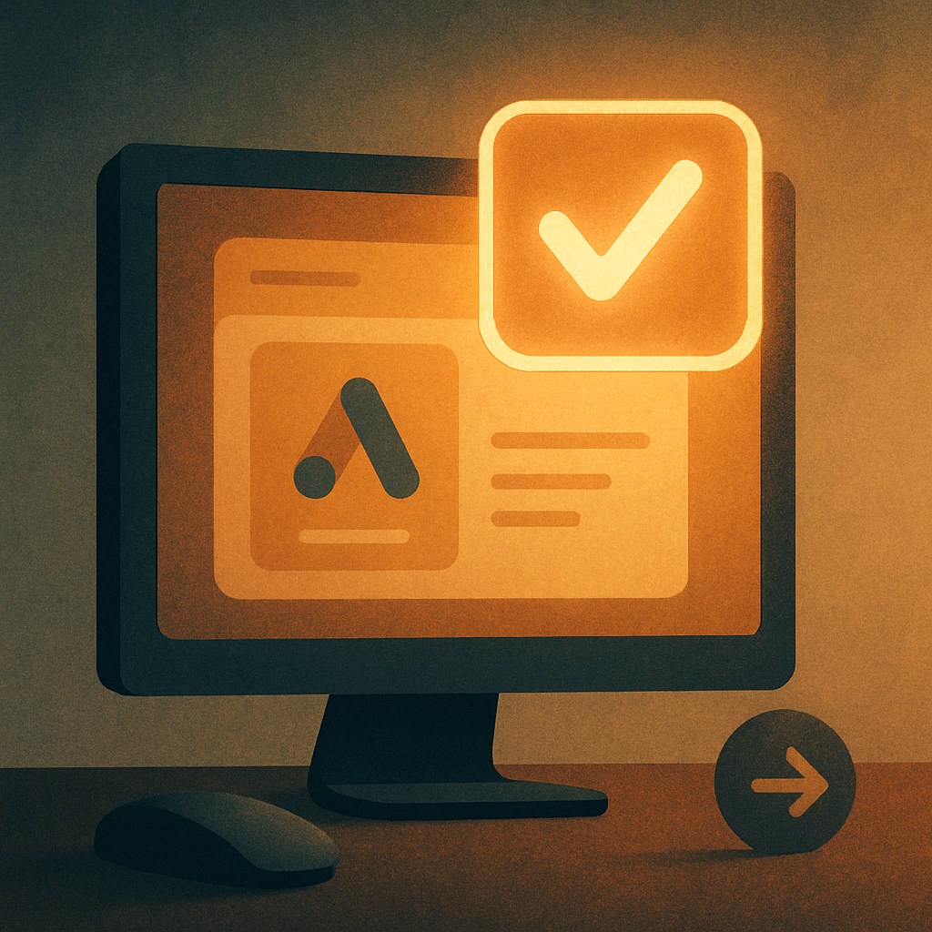 Illustration der symboliserer begrebet "Google Ads Quality Score": Quality Score er Google Ads' vurdering af relevansen mellem søgeord, annonce og landingsside på en skala…