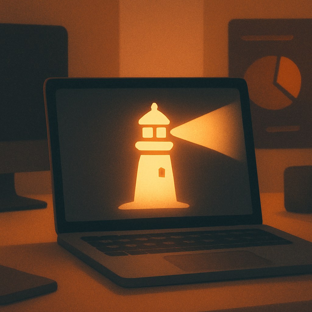 Illustration der symboliserer begrebet "Google Lighthouse": Lighthouse er et open source-værktøj fra Google, der auditerer en sides ydeevne, tilgængelighed, SEO og bedste…
