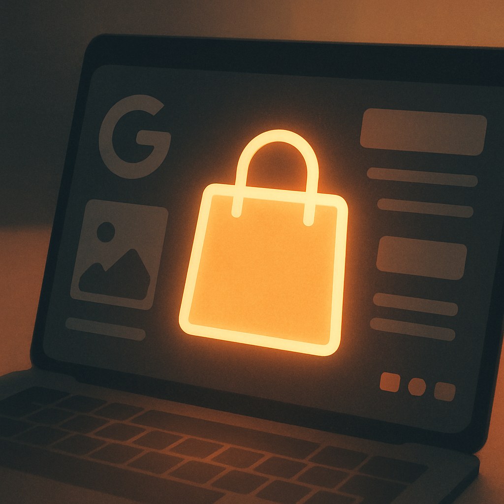Illustration der symboliserer begrebet "Google Merchant Center": Google Merchant Center er den platform, hvor en webshop uploader sit produktfeed med titler, priser, billeder…