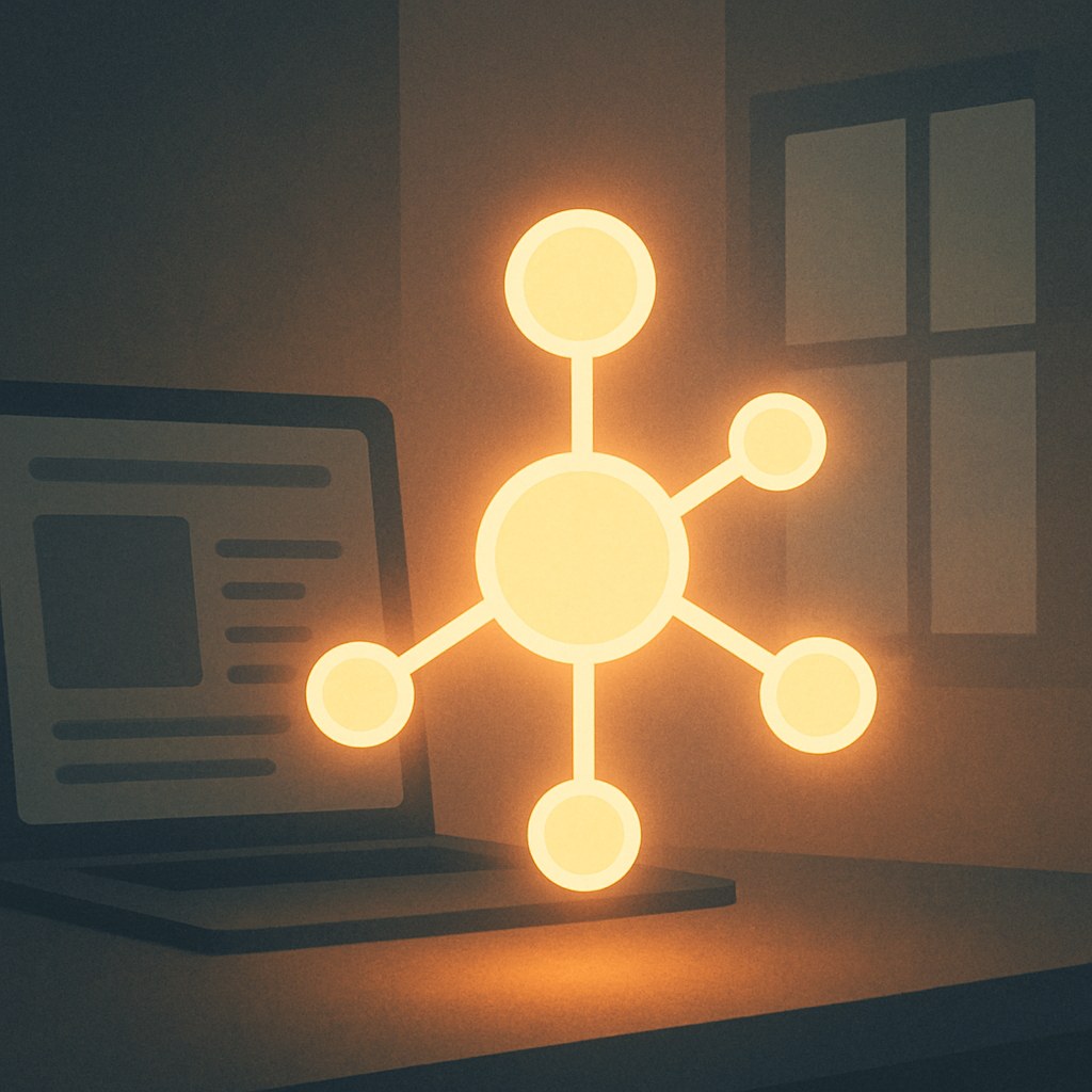 Illustration der symboliserer begrebet "Knowledge Graph": Knowledge Graph er Googles vidensdatabase, der forbinder entiteter som personer, steder og virksomheder med fakta om…