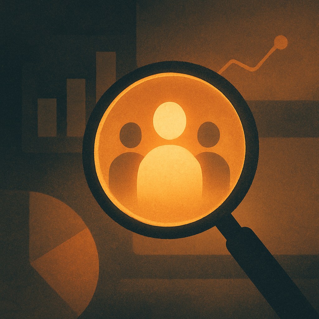 Illustration der symboliserer begrebet "Målgruppeanalyse": En målgruppeanalyse er en undersøgelse af, hvem de potentielle kunder er, hvad de har brug for,…
