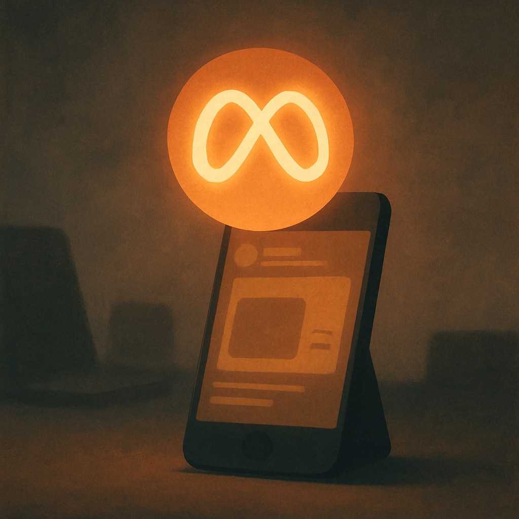 Illustration der symboliserer begrebet "Meta annoncering": Meta annoncering er betalt annoncering på Metas platforme, primært Facebook og Instagram, styret gennem Meta Ads…