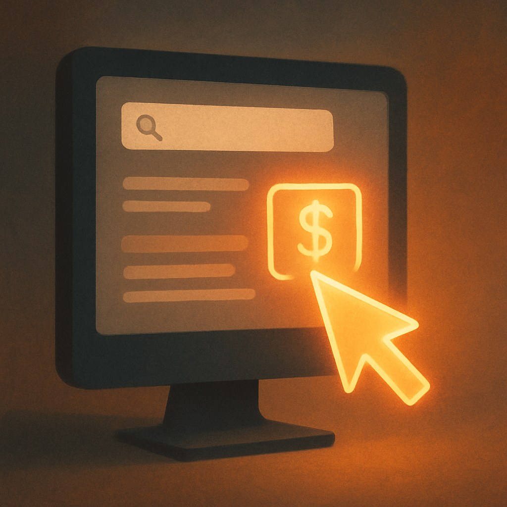 Illustration der symboliserer begrebet "Paid search": Paid search er betalt annoncering i søgemaskinernes resultater, hvor annoncer vises ud fra brugerens søgeord. Kanalen…