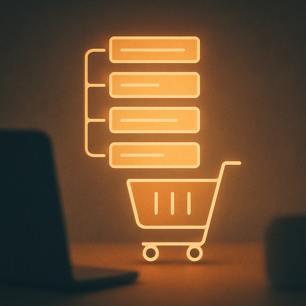 Illustration der symboliserer begrebet "Produktfeed": Et produktfeed er en struktureret datafil med information om hvert produkt, herunder titel, beskrivelse, pris, tilgængelighed,…