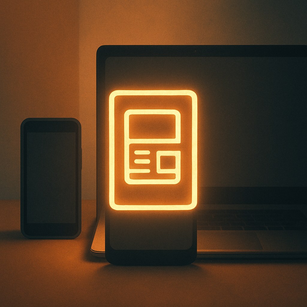 Illustration der symboliserer begrebet "Responsivt design": Responsivt design tilpasser en sides layout til skærmens størrelse, så indholdet fungerer på både telefon, tablet…