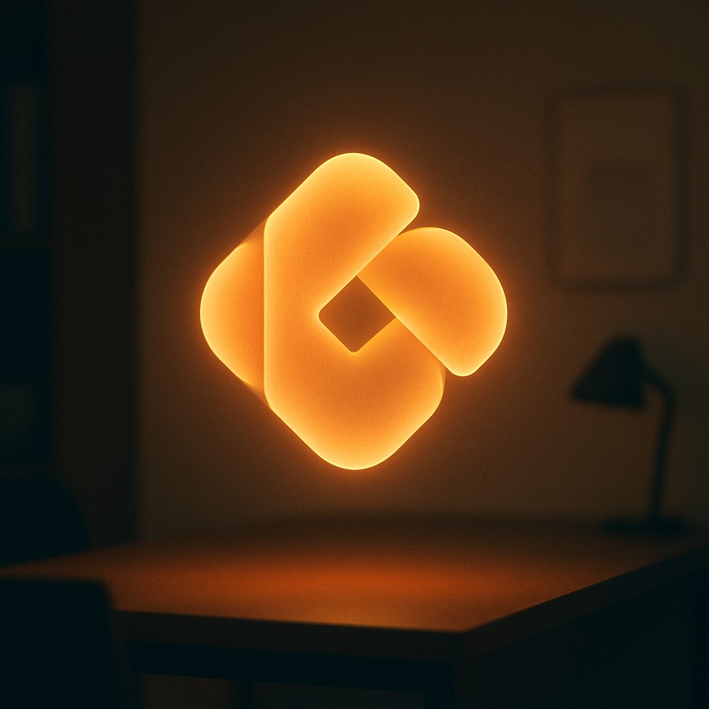 Illustration af et abstrakt lysende emblem af overlappende former, som symbol på branding