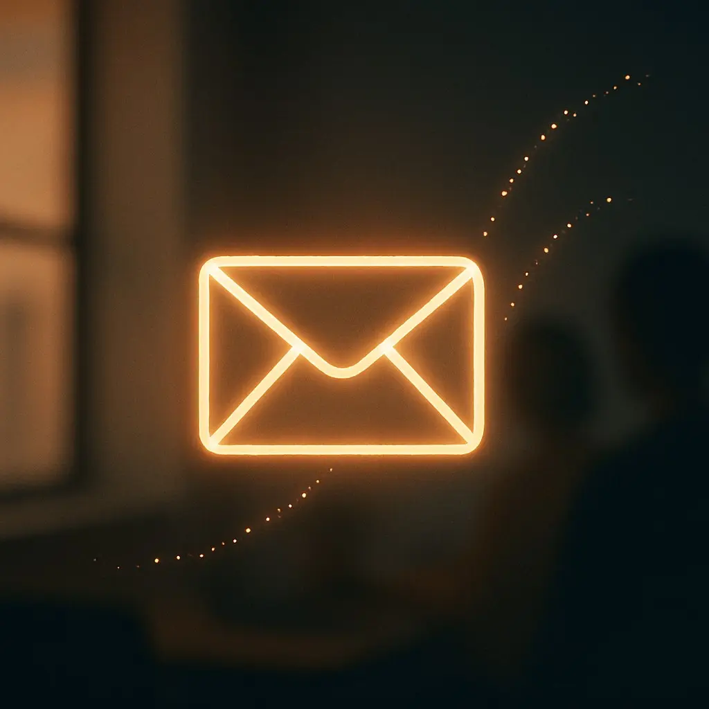 Illustration af en lysende konvolut med partikelspor, som symbol på email marketing og automation