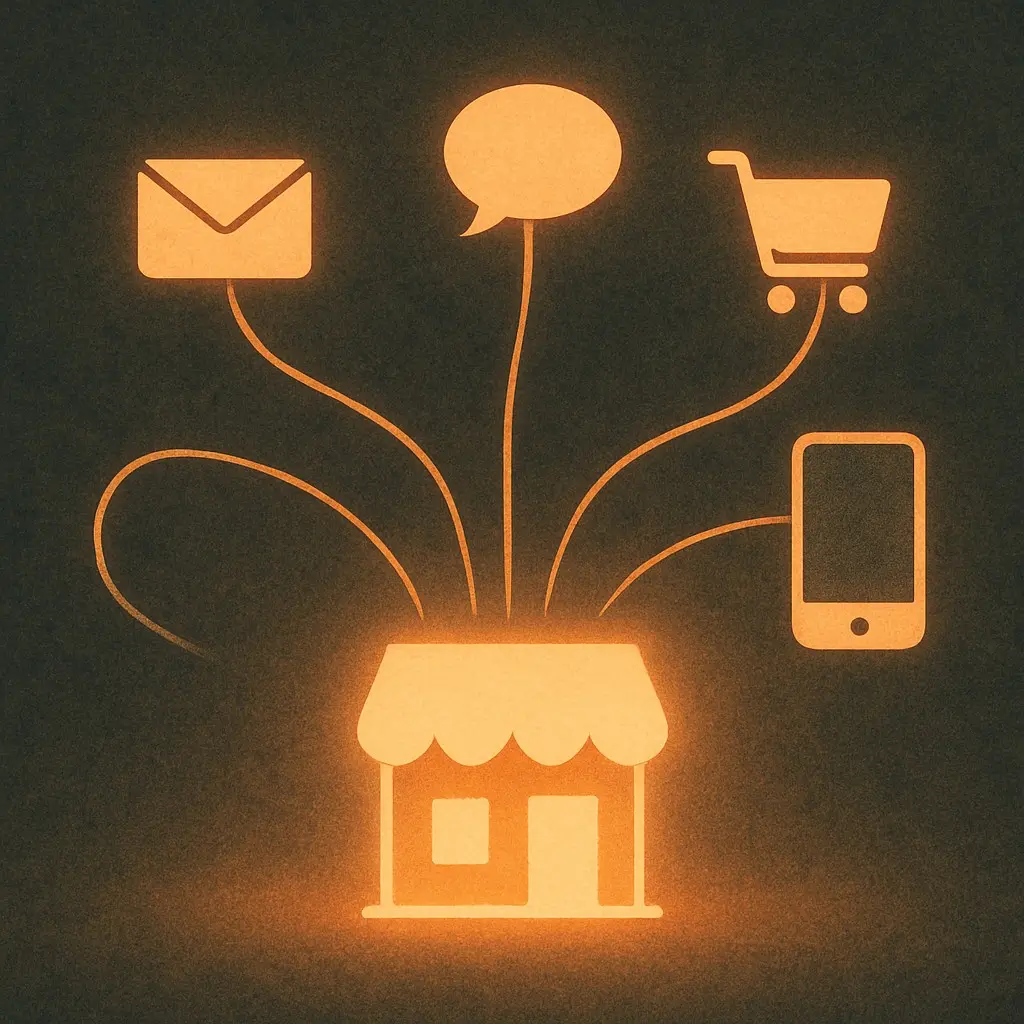 Illustration af en lysende butiksfacade med tråde ud til forskellige kanaler, som symbol på omnichannel