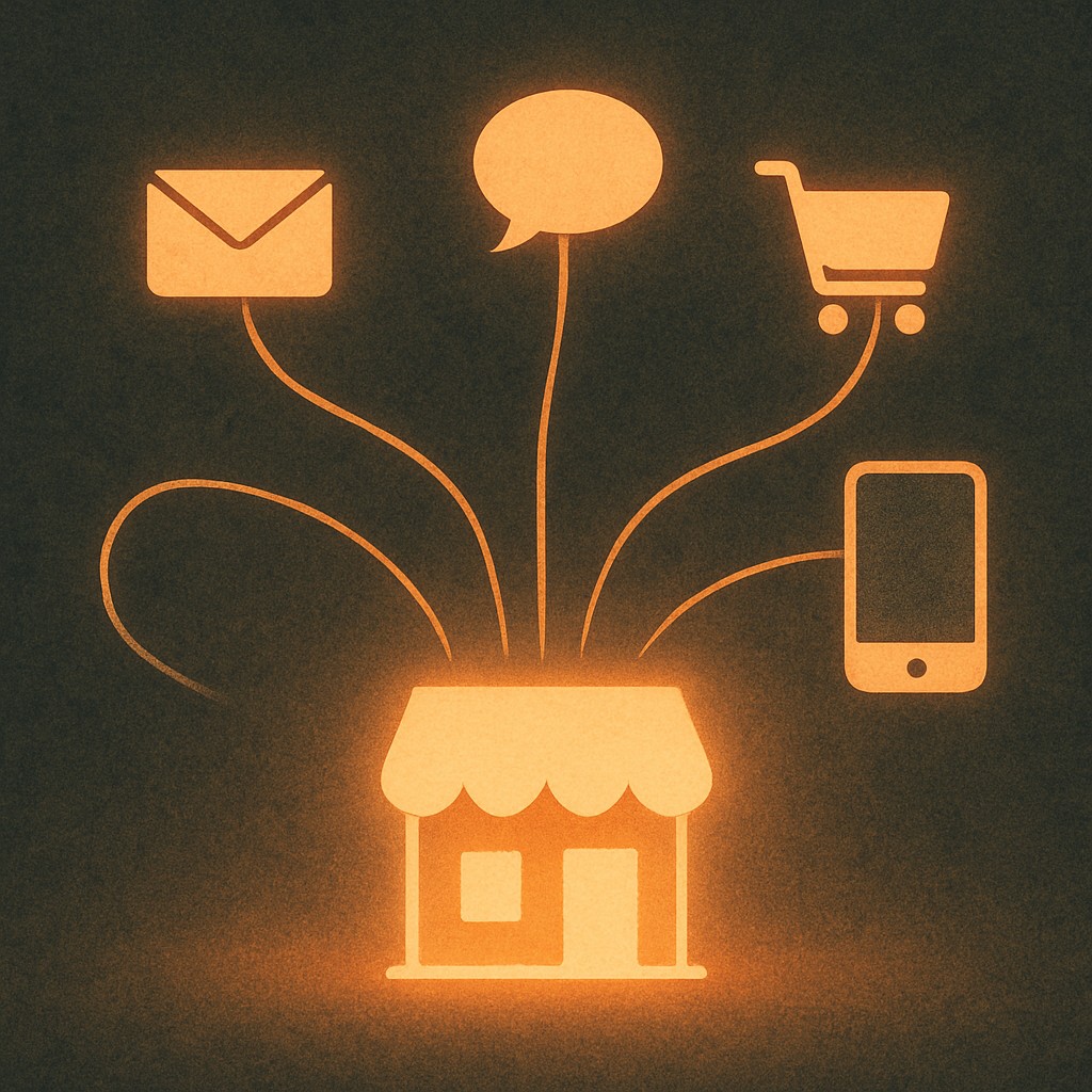 Illustration af en lysende butiksfacade med tråde ud til forskellige kanaler, som symbol på omnichannel