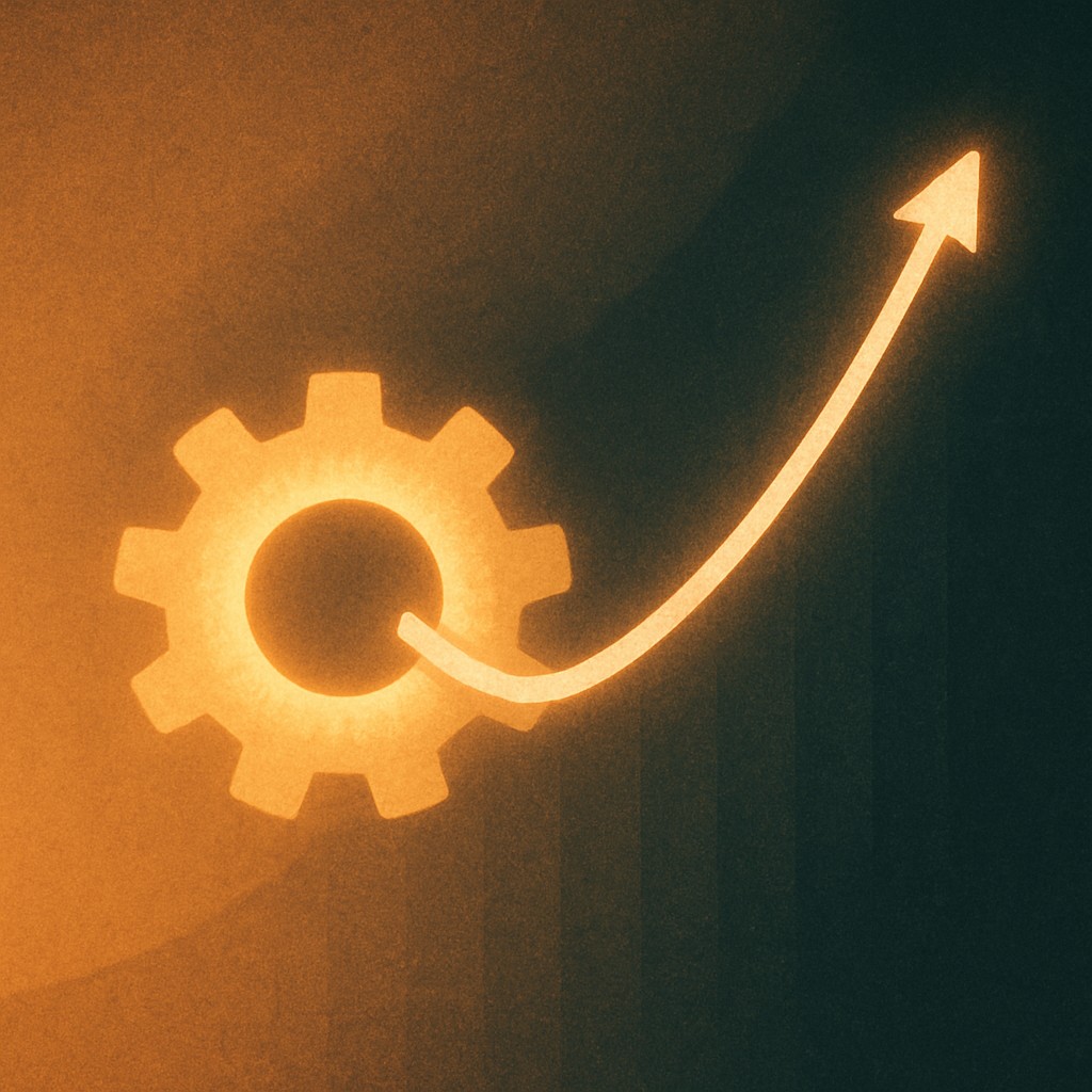 Illustration af et lysende tandhjul flettet sammen med en stigende profitkurve, som symbol på Profit Engineering