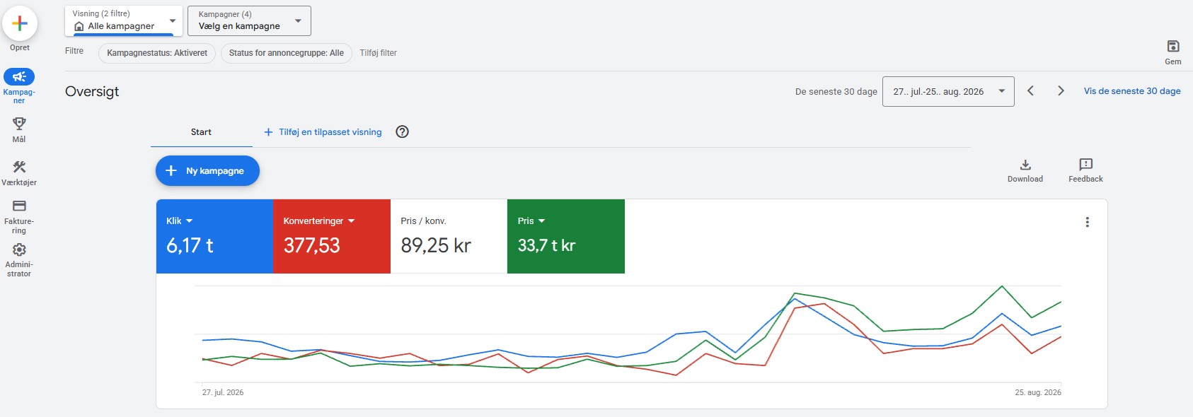Google Ads-konto med 6.170 klik og 377 konverteringer over de seneste 30 dage